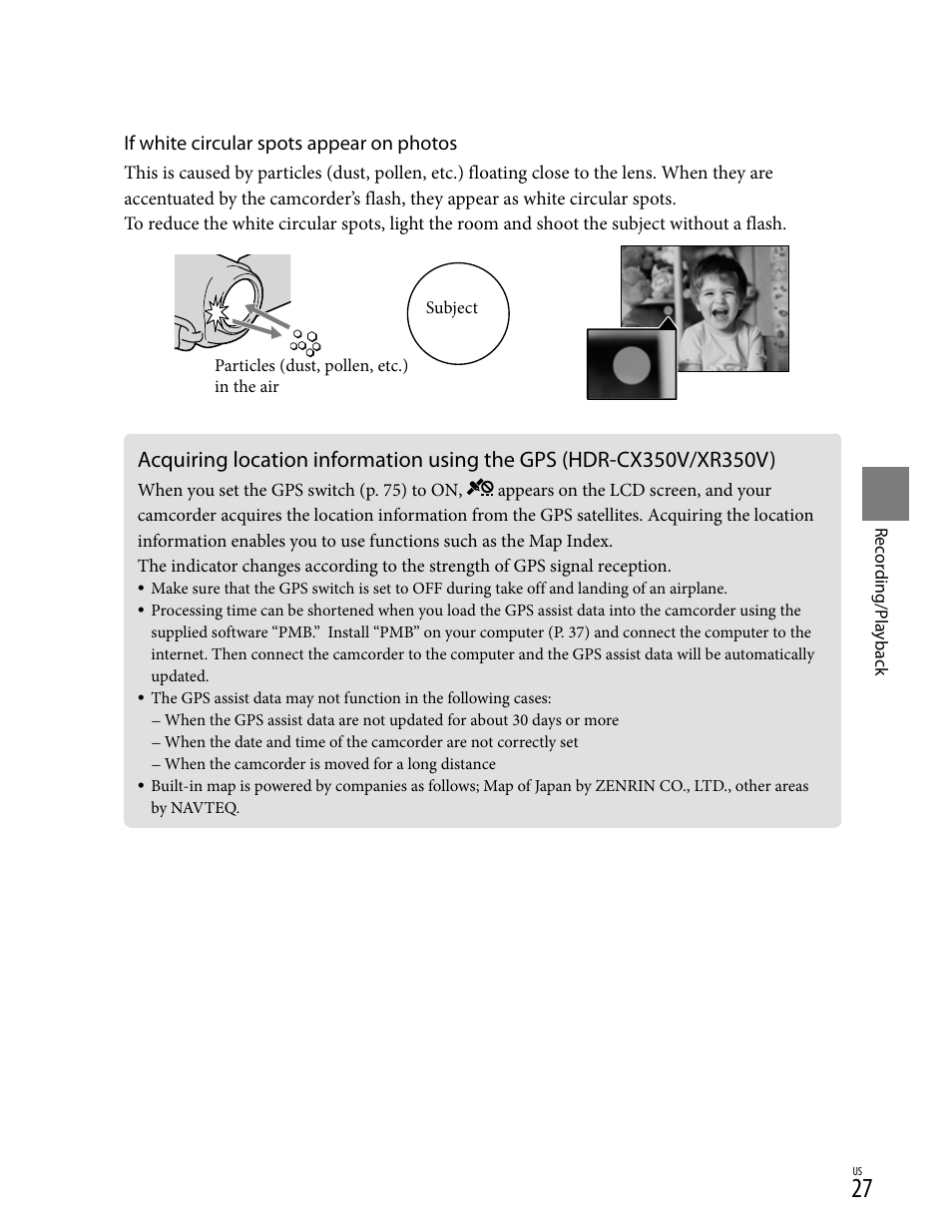 If white circular spots appear on photos | Sony HD-RCX300 User Manual | Page 27 / 223