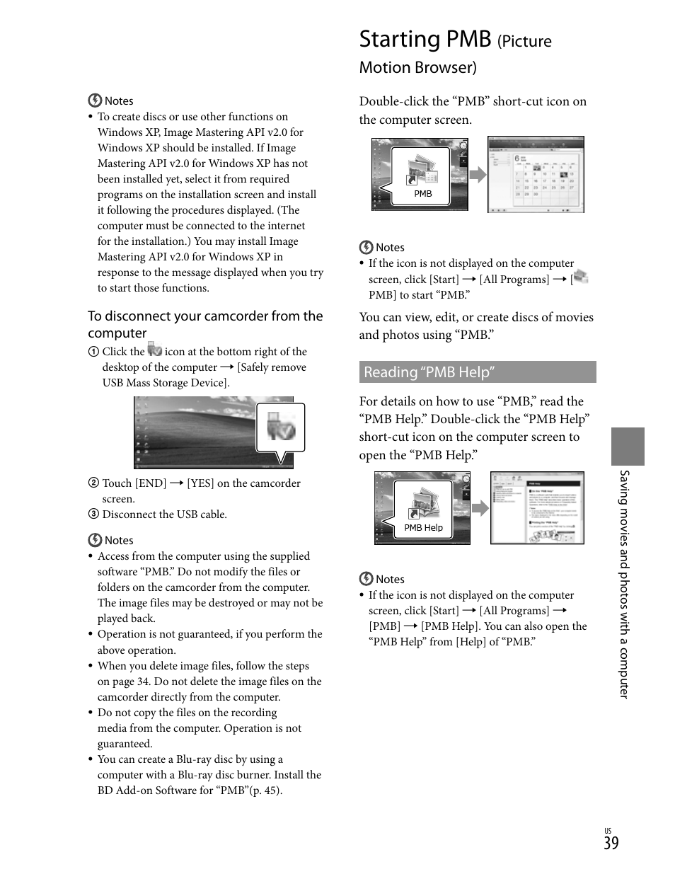 Starting pmb, Picture motion browser), Reading “pmb help | Sony HD-RCX300 User Manual | Page 39 / 223