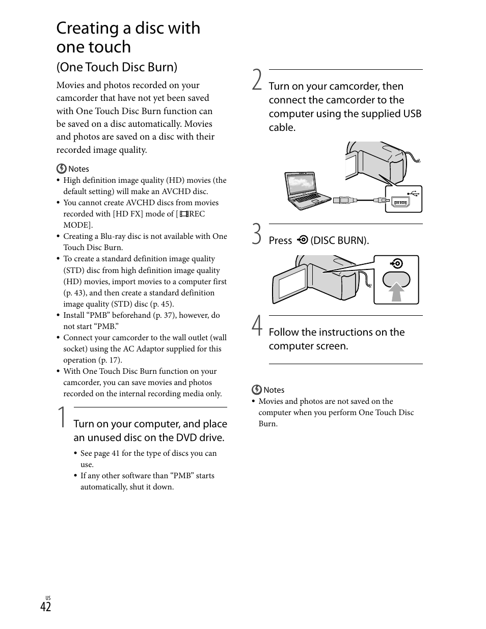 Creating a disc with one touch, One touch disc burn) | Sony HD-RCX300 User Manual | Page 42 / 223