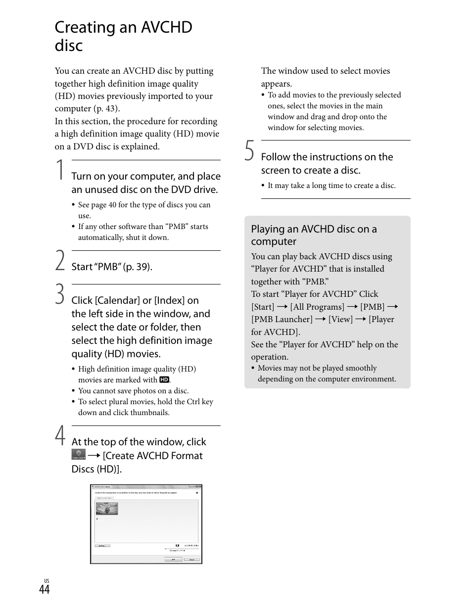 Creating an avchd disc | Sony HD-RCX300 User Manual | Page 44 / 223