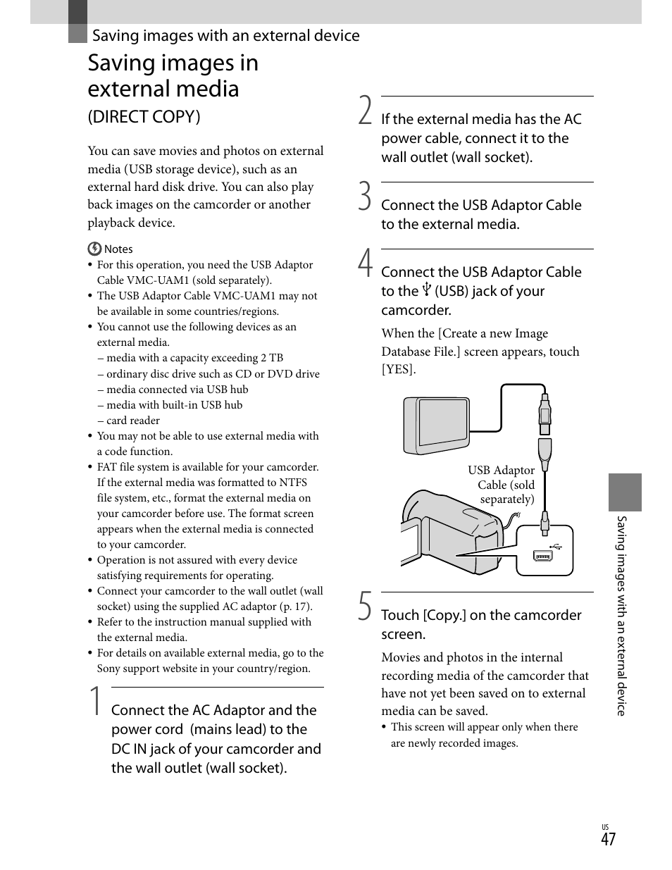 Saving images with an external device, Saving images in external media, Direct copy) | Sony HD-RCX300 User Manual | Page 47 / 223