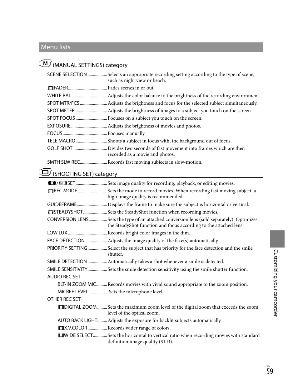 List of menu items, Menu lists | Sony HD-RCX300 User Manual | Page 59 / 223