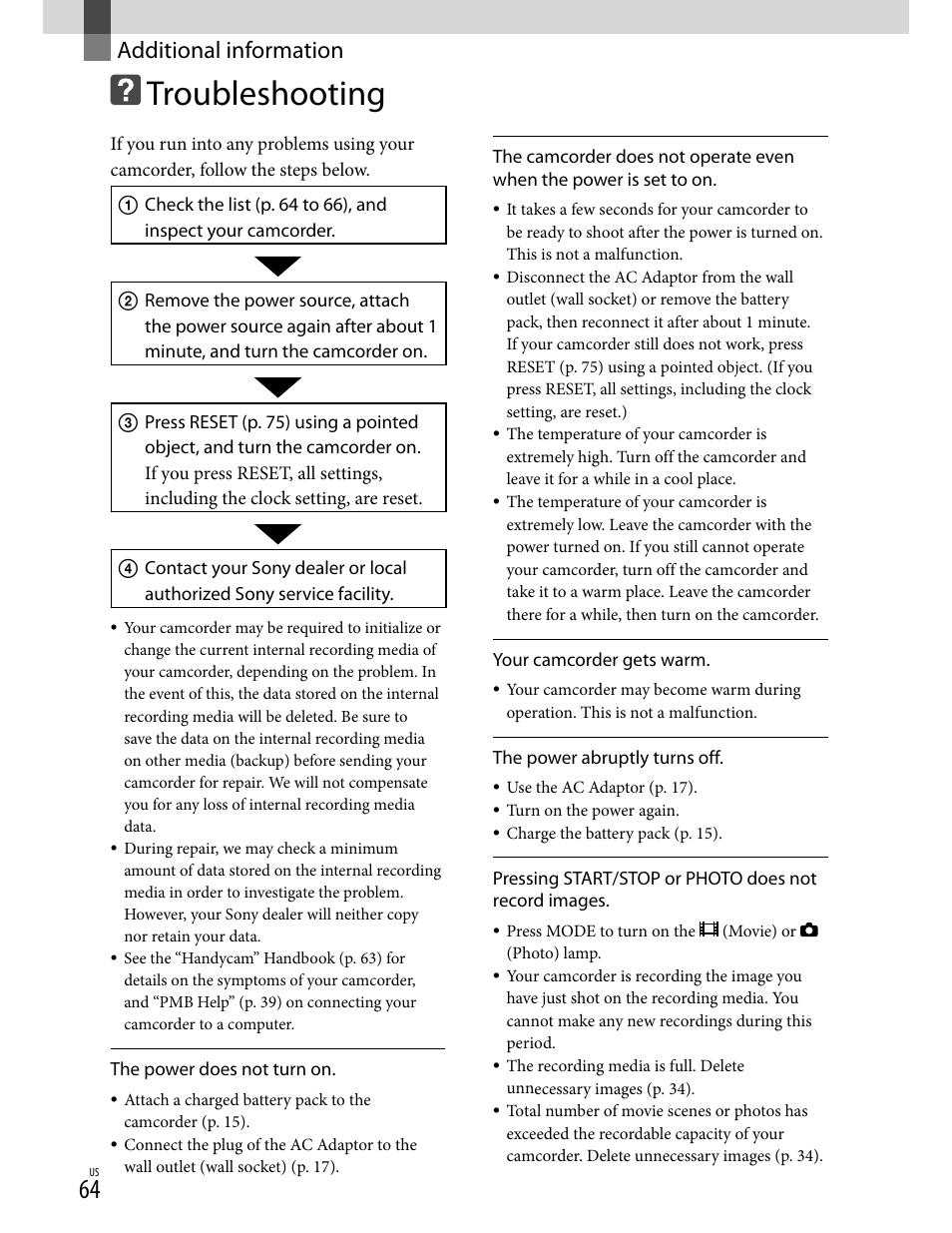 Troubleshooting, Additional information, The power does not turn on | Your camcorder gets warm, The power abruptly turns off | Sony HD-RCX300 User Manual | Page 64 / 223