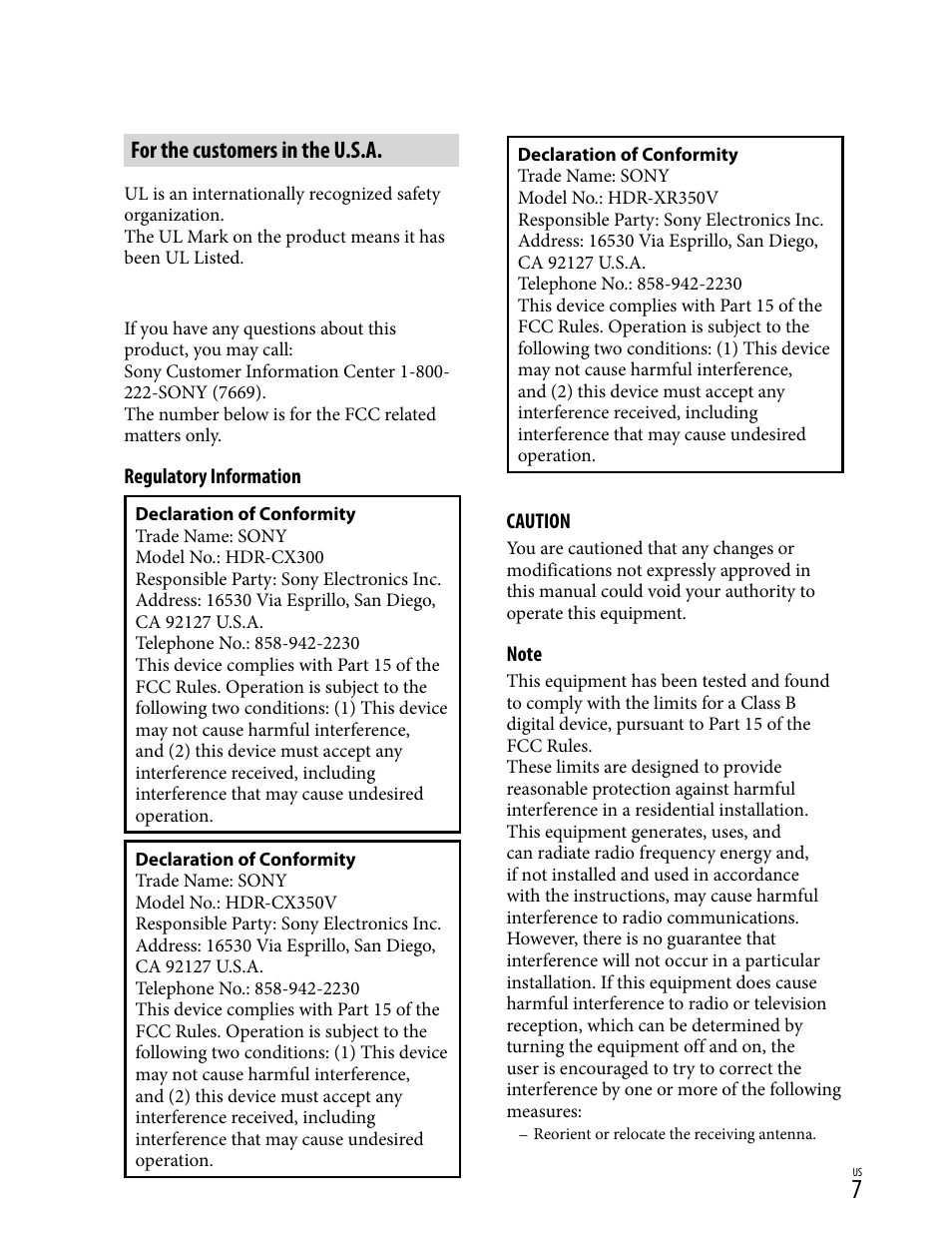 For the customers in the u.s.a, Regulatory information, Caution | Sony HD-RCX300 User Manual | Page 7 / 223