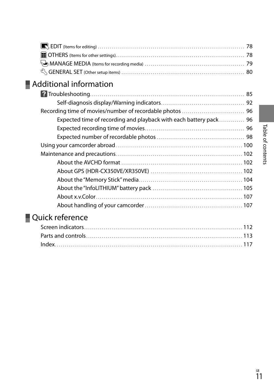 Additional information, Quick reference | Sony HD-RCX300 User Manual | Page 89 / 223