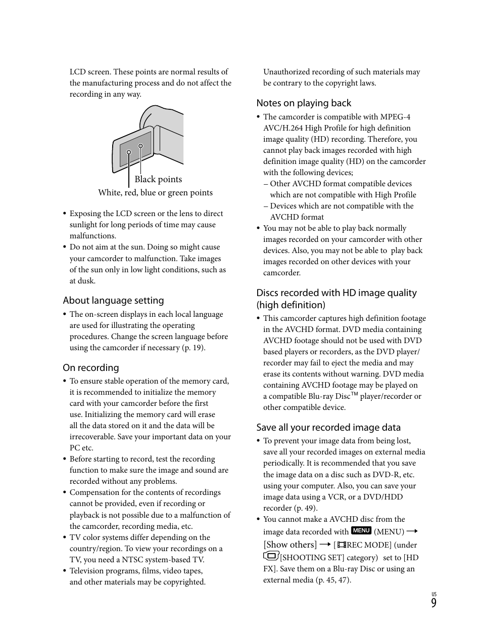 About language setting, On recording, Save all your recorded image data | Show others, Black points | Sony HD-RCX300 User Manual | Page 9 / 223