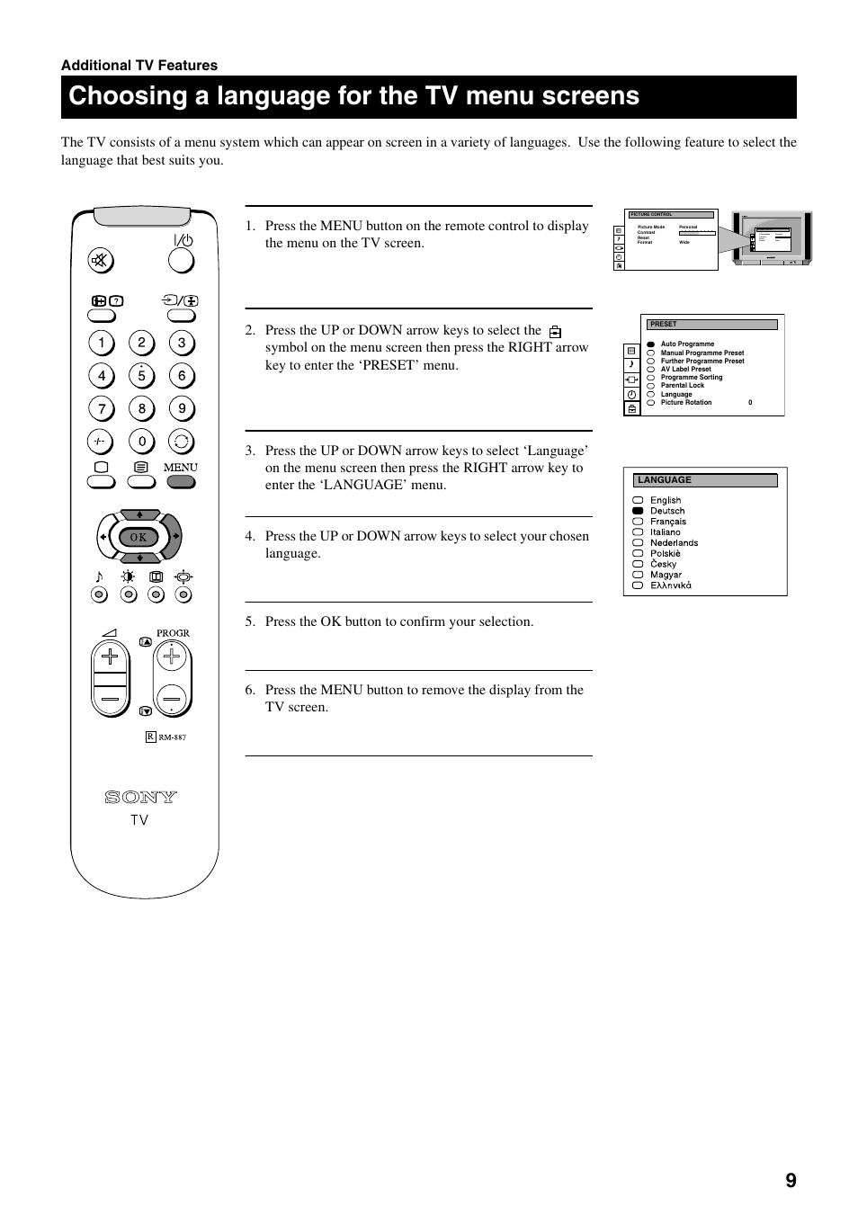 Choosing a language for the tv menu screens | Sony FD Trinitron KV-28FX20U User Manual | Page 11 / 30