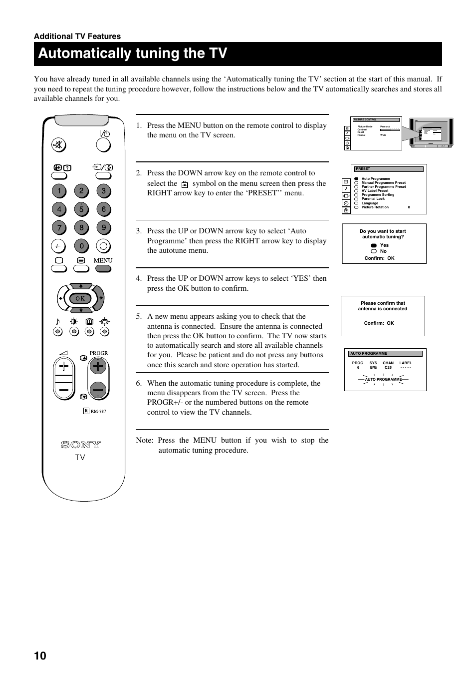 Automatically tuning the tv | Sony FD Trinitron KV-28FX20U User Manual | Page 12 / 30