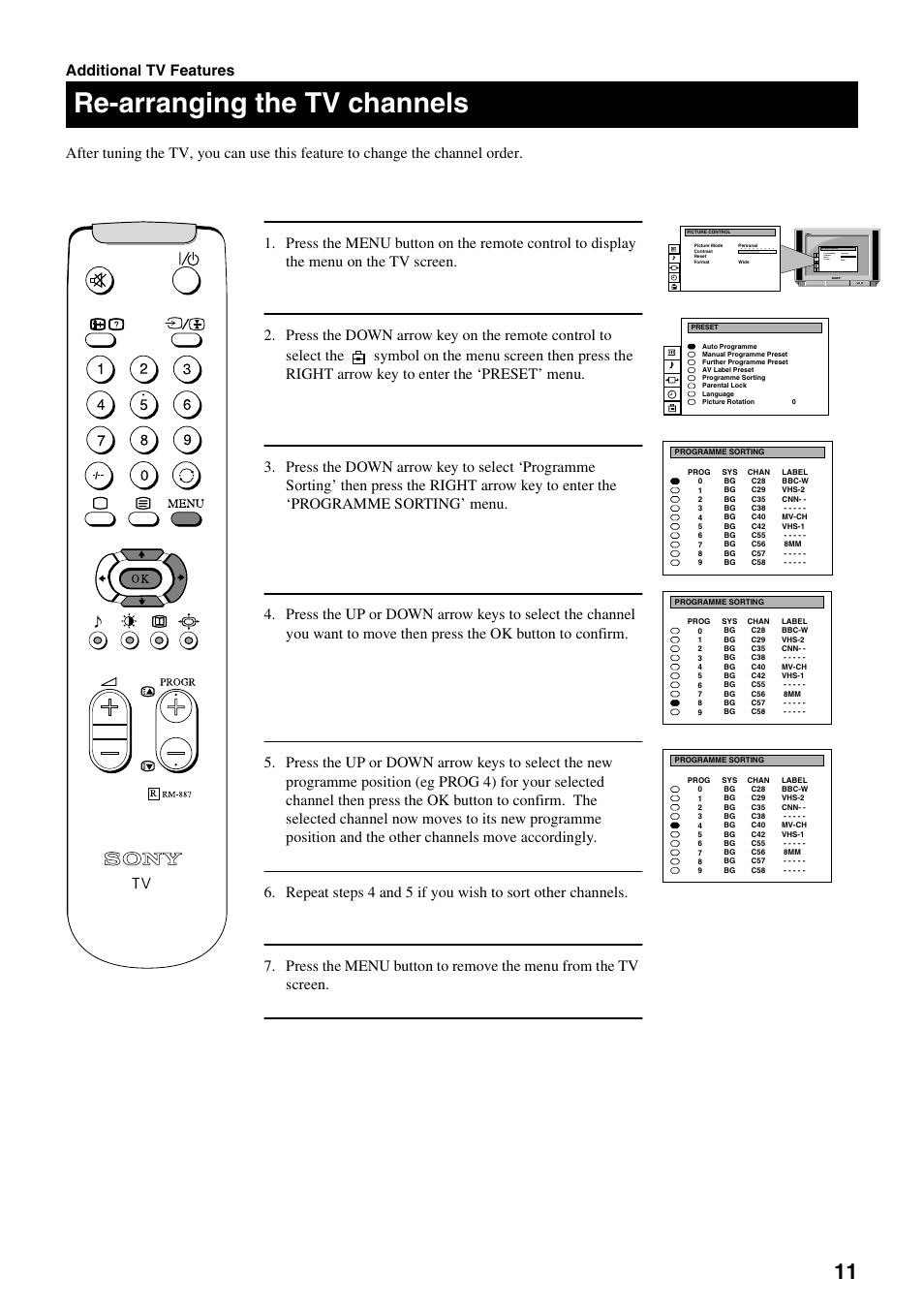 Re-arranging the tv channels, Wide | Sony FD Trinitron KV-28FX20U User Manual | Page 13 / 30