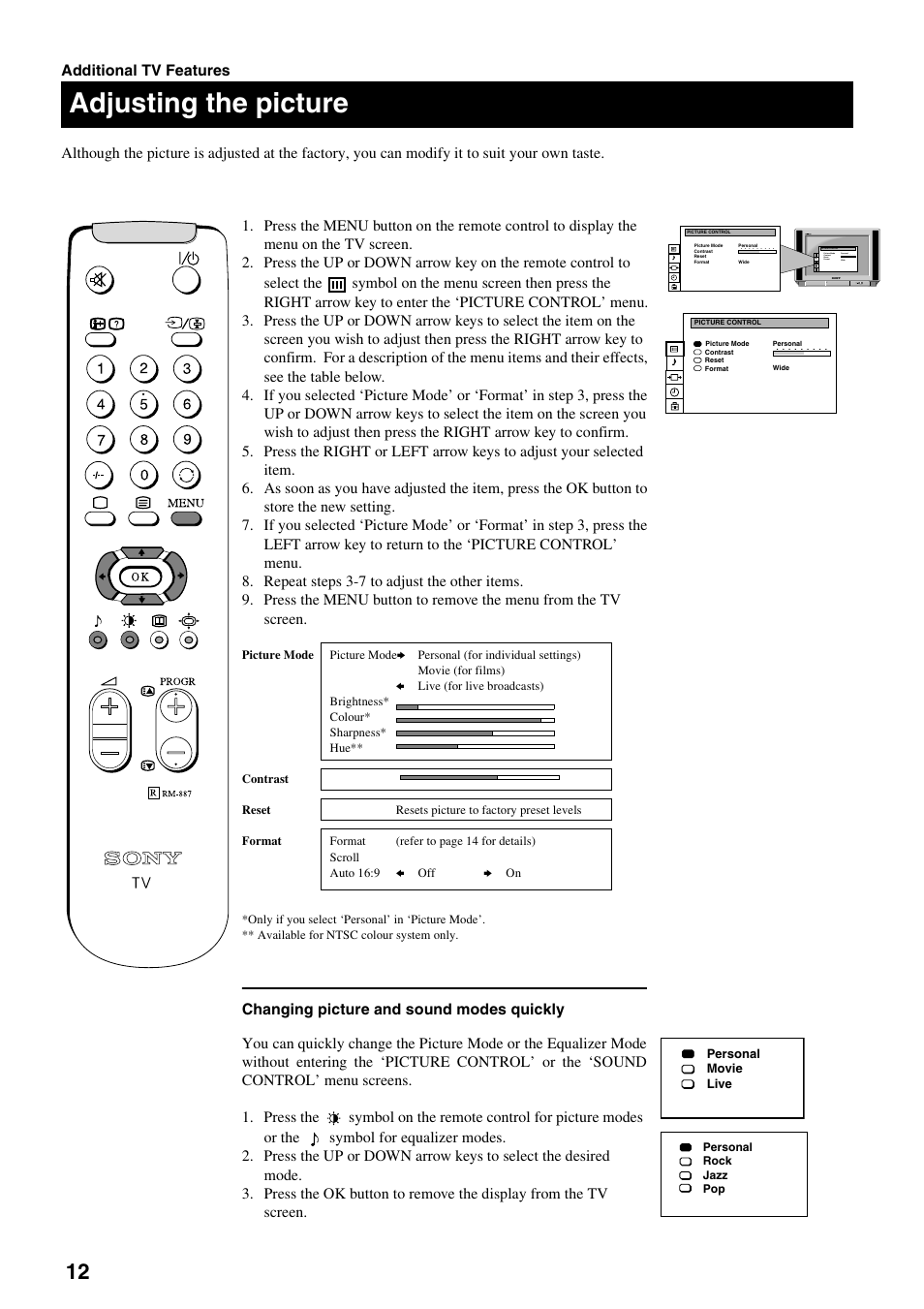 Adjusting the picture | Sony FD Trinitron KV-28FX20U User Manual | Page 14 / 30