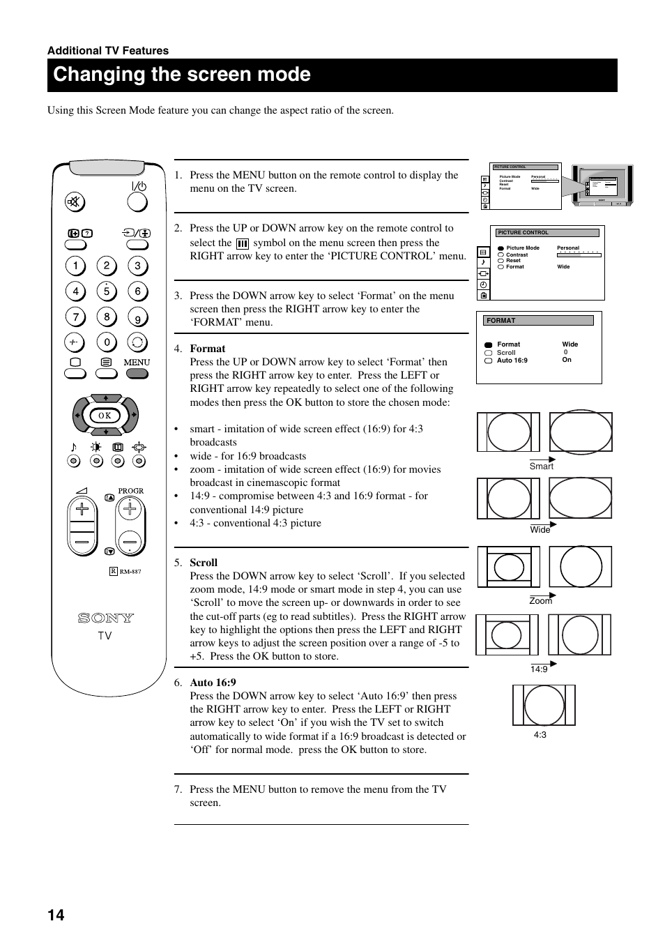 Changing the screen mode | Sony FD Trinitron KV-28FX20U User Manual | Page 16 / 30