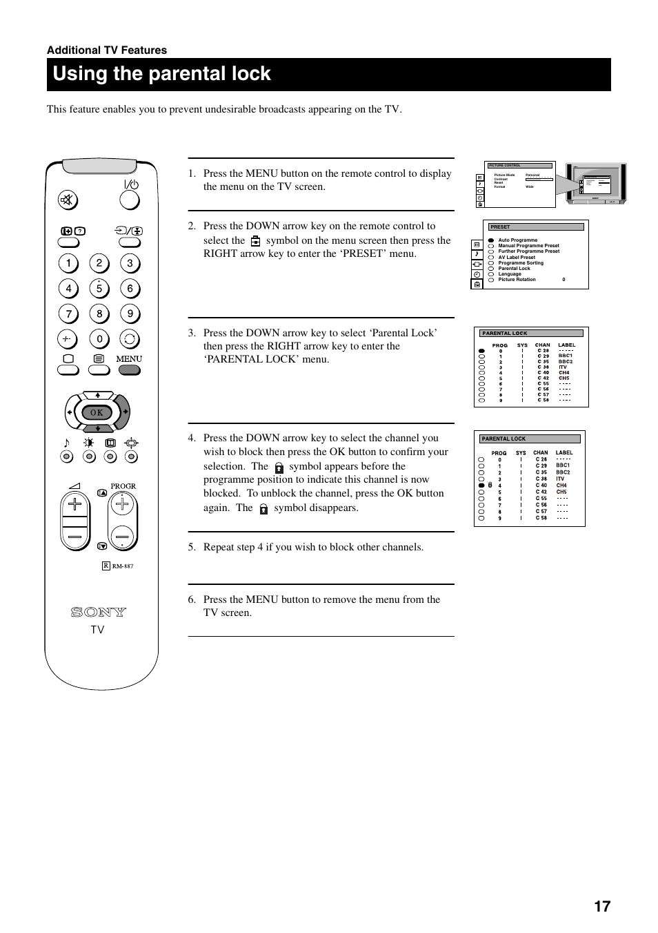 Using the parental lock | Sony FD Trinitron KV-28FX20U User Manual | Page 19 / 30