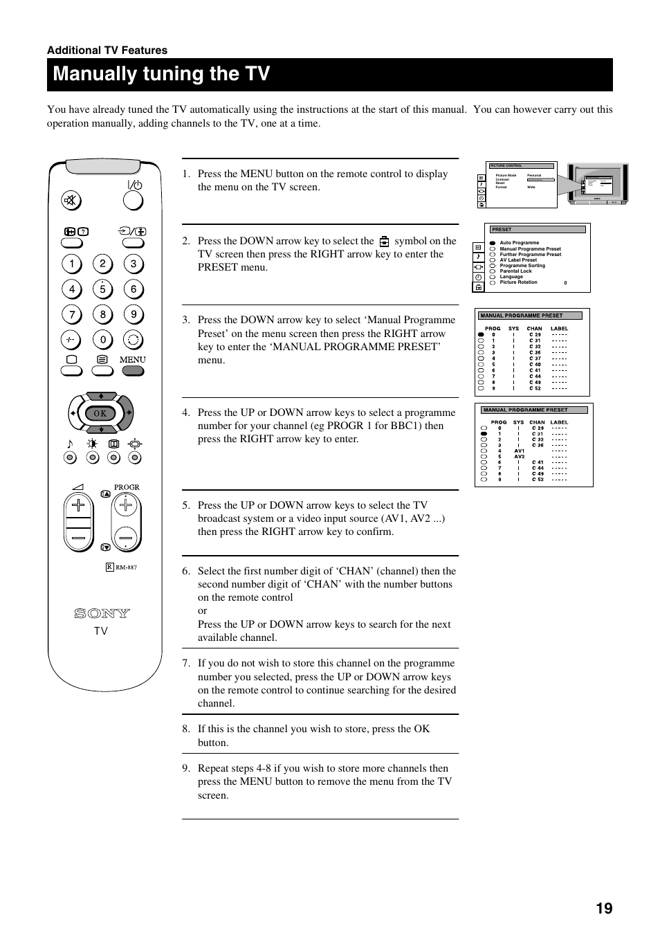 Manually tuning the tv | Sony FD Trinitron KV-28FX20U User Manual | Page 21 / 30