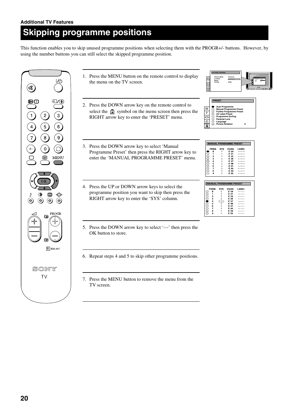 Skipping programme positions | Sony FD Trinitron KV-28FX20U User Manual | Page 22 / 30