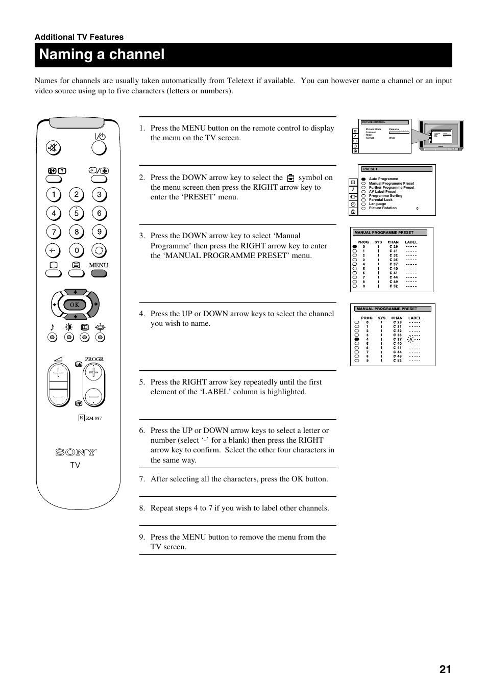 Naming a channel | Sony FD Trinitron KV-28FX20U User Manual | Page 23 / 30