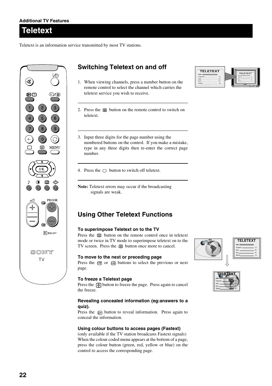 Teletext, Switching teletext on and off, Using other teletext functions | Sony FD Trinitron KV-28FX20U User Manual | Page 24 / 30