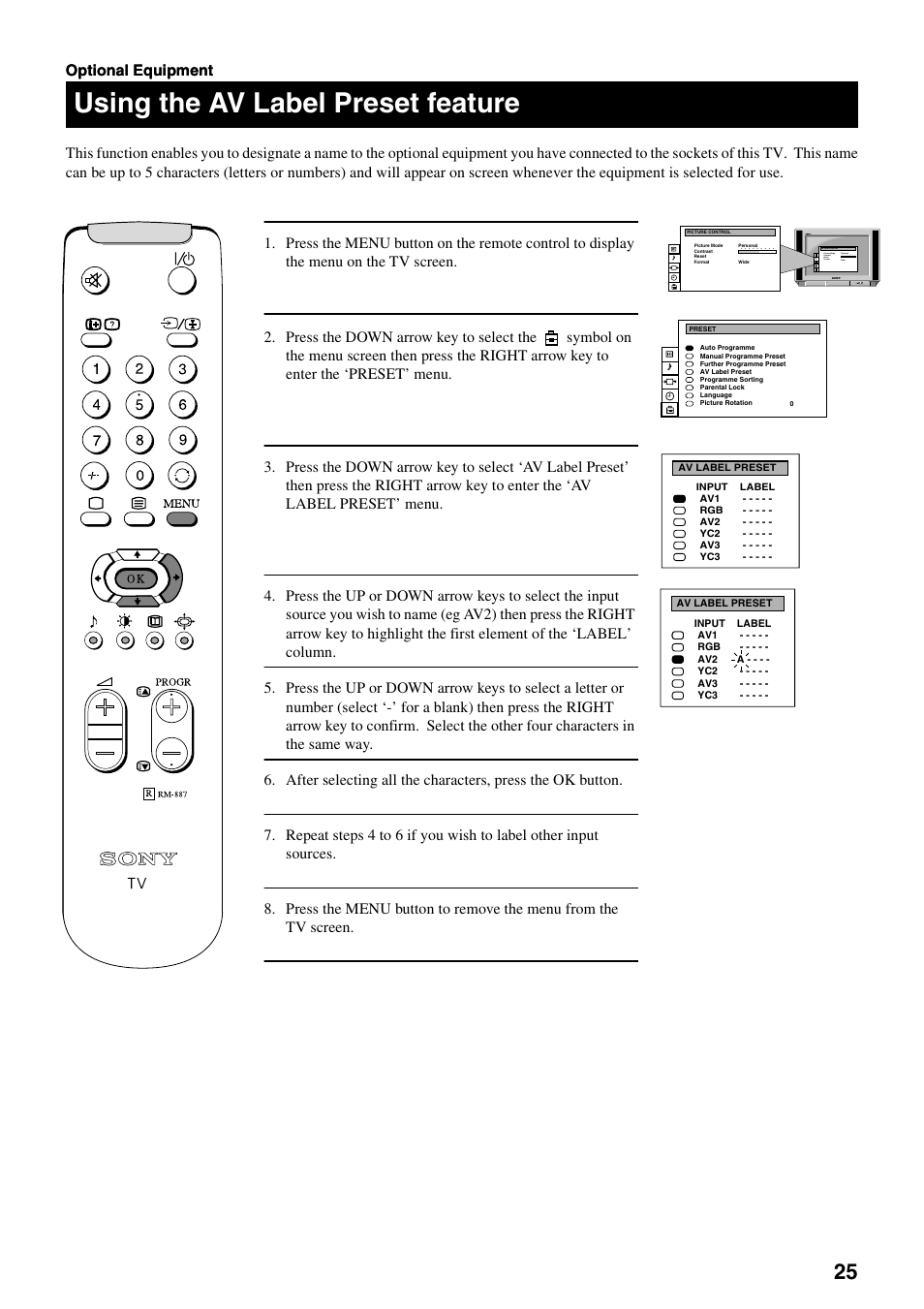 Connecting equipment to the tv, Using the av label preset feature | Sony FD Trinitron KV-28FX20U User Manual | Page 27 / 30