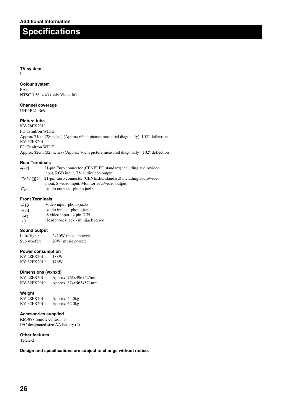 Specifications | Sony FD Trinitron KV-28FX20U User Manual | Page 28 / 30