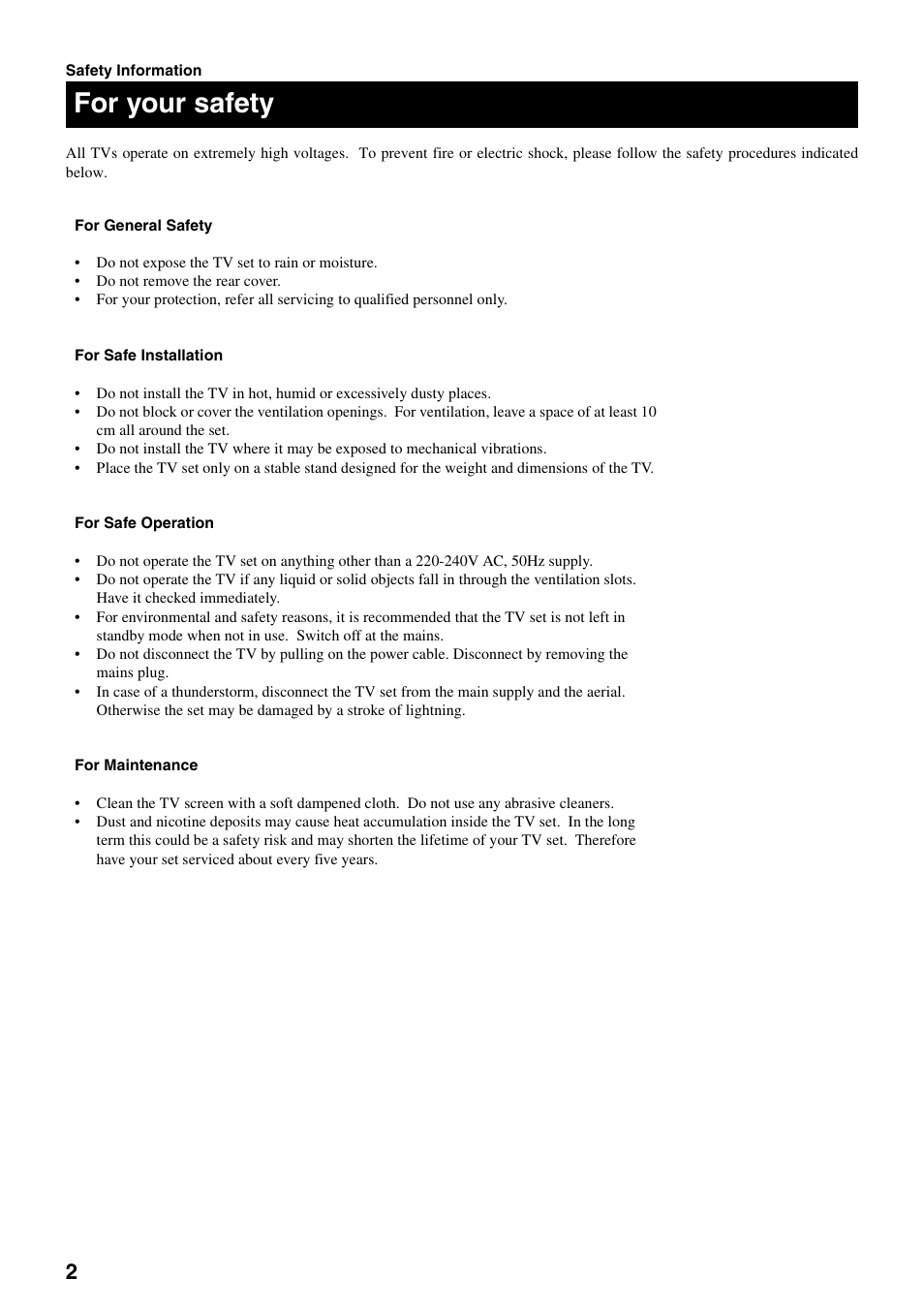 For your safety | Sony FD Trinitron KV-28FX20U User Manual | Page 4 / 30