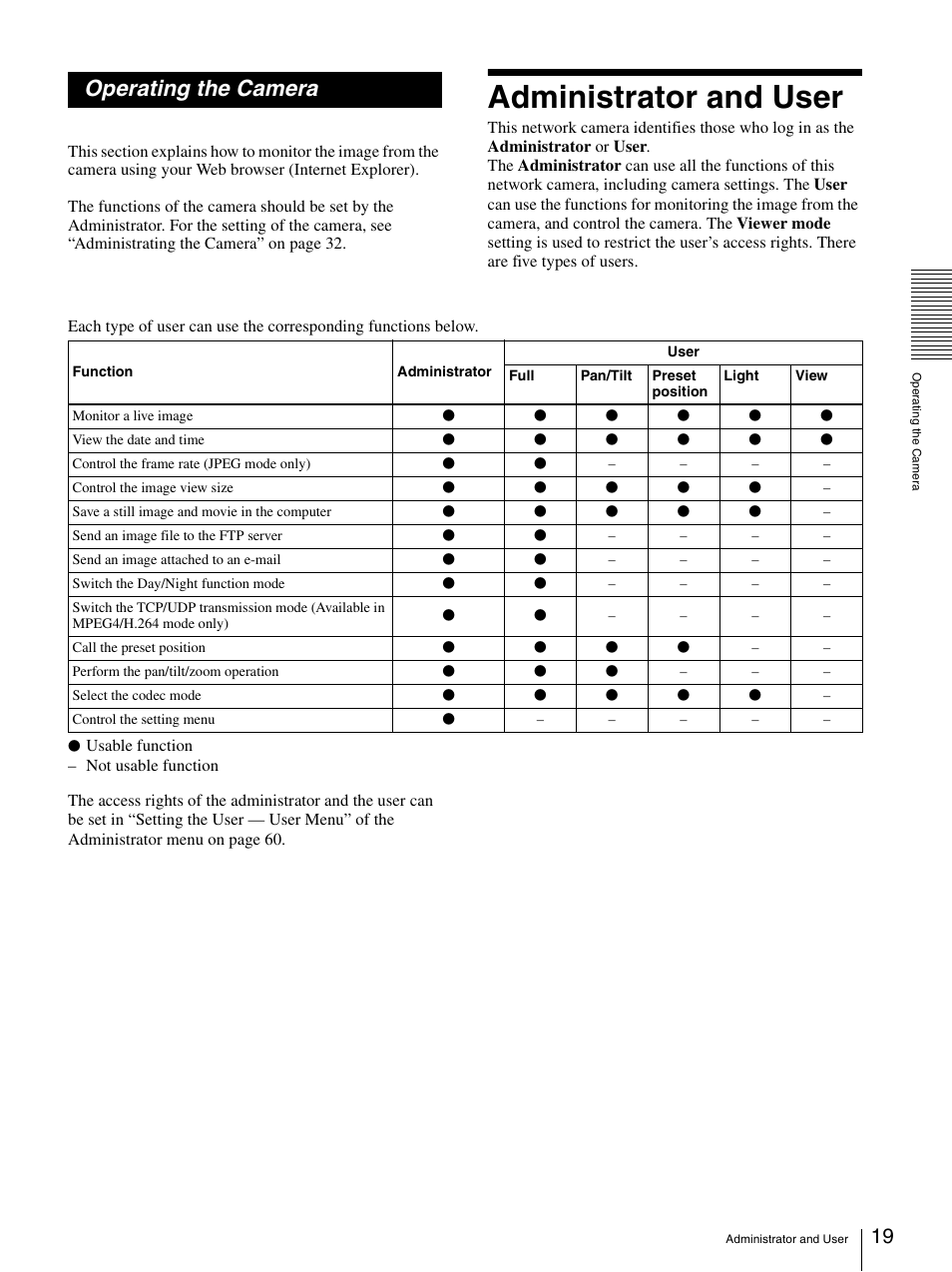 Operating the camera, Administrator and user | Sony SNC-DH210T User Manual | Page 19 / 97