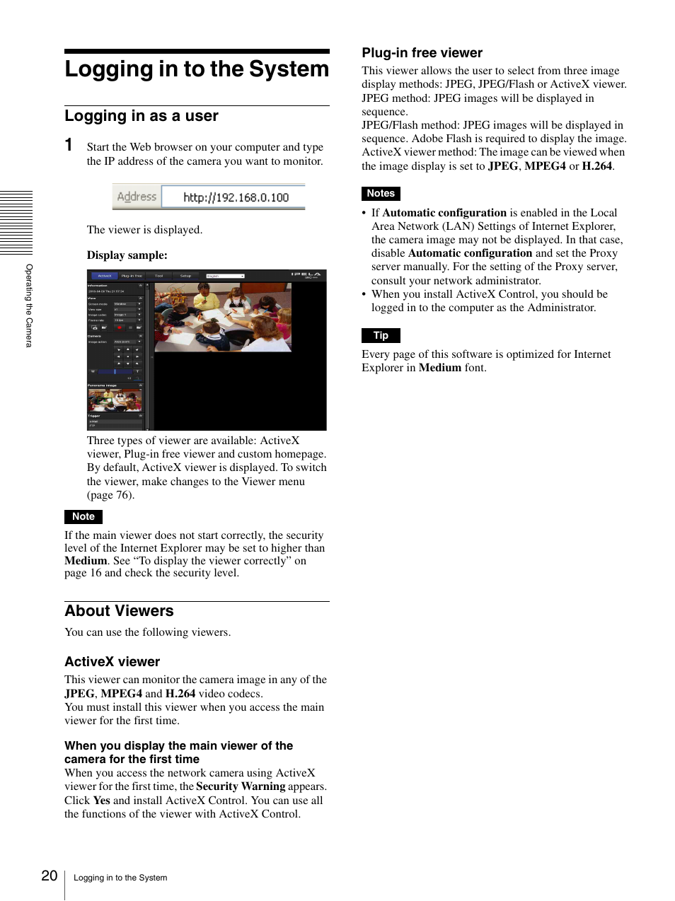 Logging in to the system, Logging in as a user, About viewers | Logging in as a user about viewers | Sony SNC-DH210T User Manual | Page 20 / 97