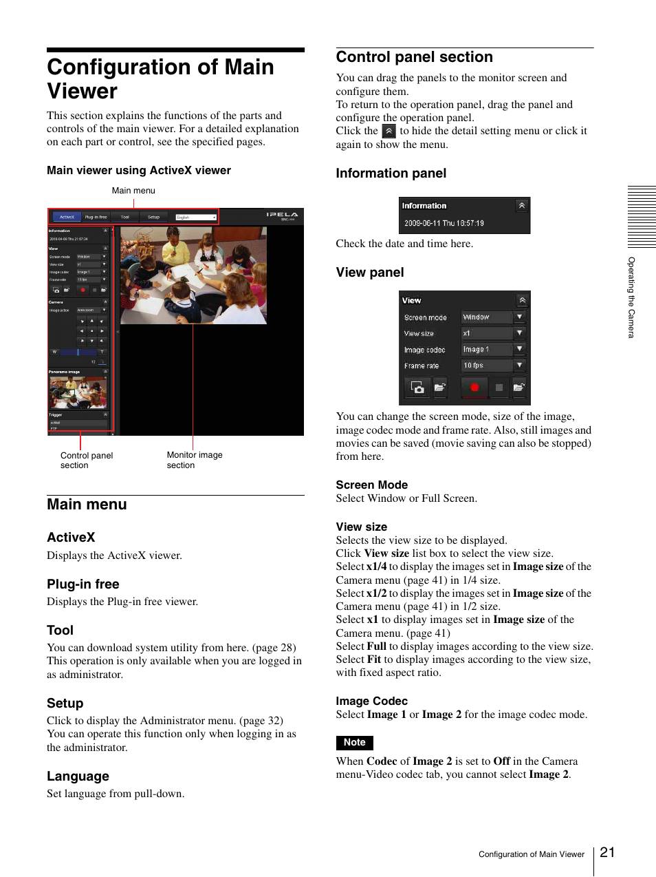 Configuration of main viewer, Main menu, Control panel section | Main menu control panel section | Sony SNC-DH210T User Manual | Page 21 / 97