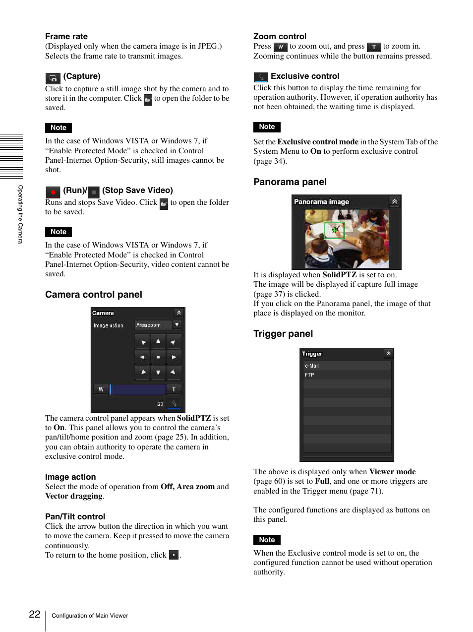 Camera control panel, Panorama panel, Trigger panel | Sony SNC-DH210T User Manual | Page 22 / 97
