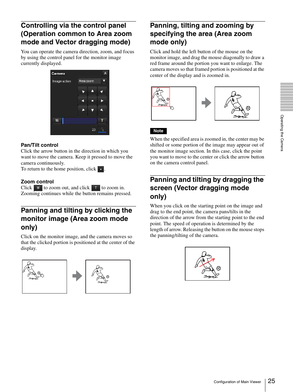 Controlling via the control panel (operation, Common to area zoom mode and vector dragging mode), Panning and tilting by clicking the monitor | Image (area zoom mode only), Panning, tilting and zooming by specifying the, Area (area zoom mode only), Panning and tilting by dragging the screen, Vector dragging mode only) | Sony SNC-DH210T User Manual | Page 25 / 97