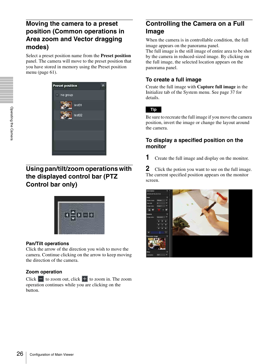 Controlling the camera on a full image, Moving the camera to a preset position, Using pan/tilt/zoom operations with the displayed | Control bar (ptz control bar only) | Sony SNC-DH210T User Manual | Page 26 / 97