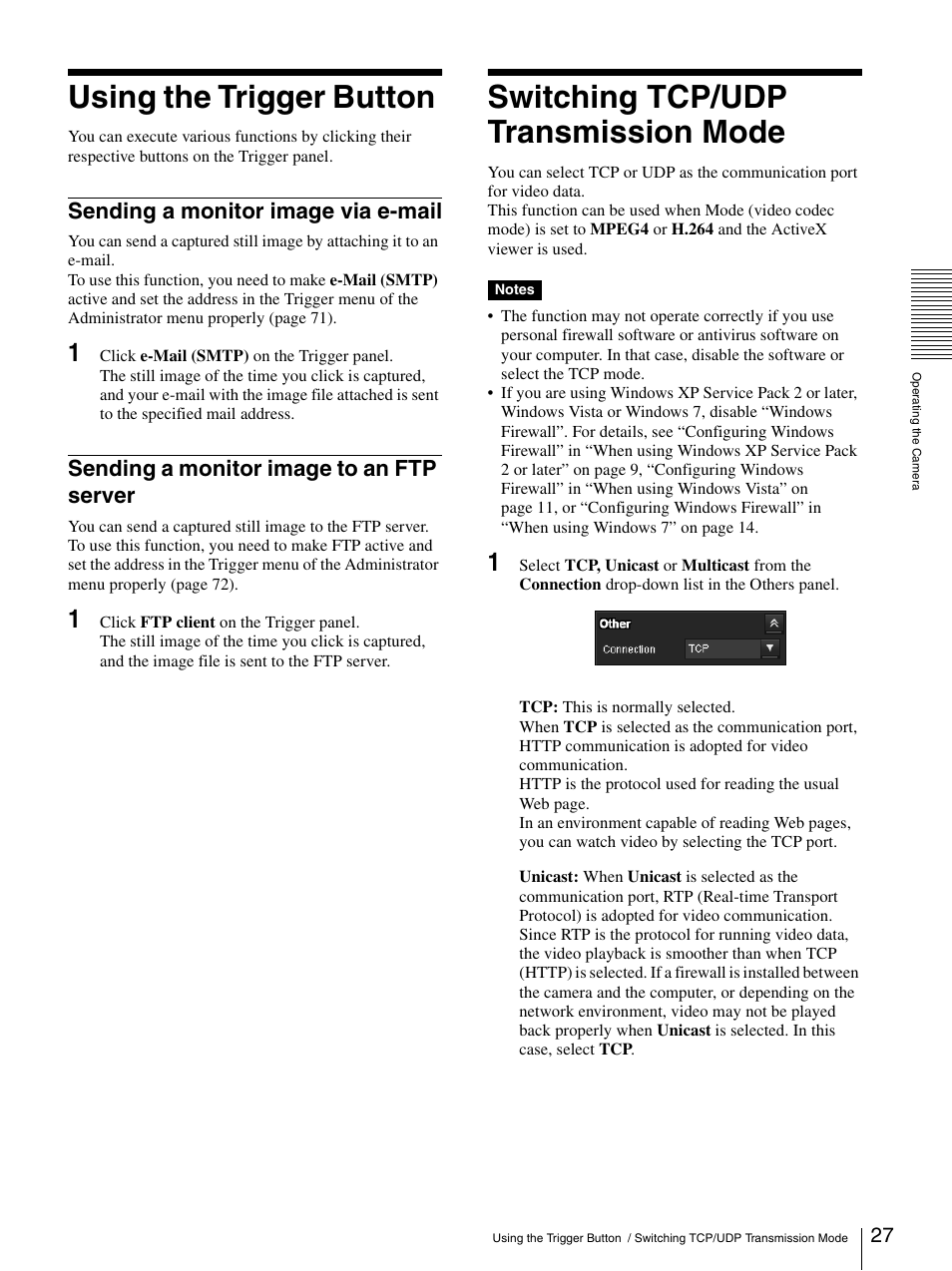 Using the trigger button, Sending a monitor image via e-mail, Sending a monitor image to an ftp server | Switching tcp/udp transmission mode | Sony SNC-DH210T User Manual | Page 27 / 97