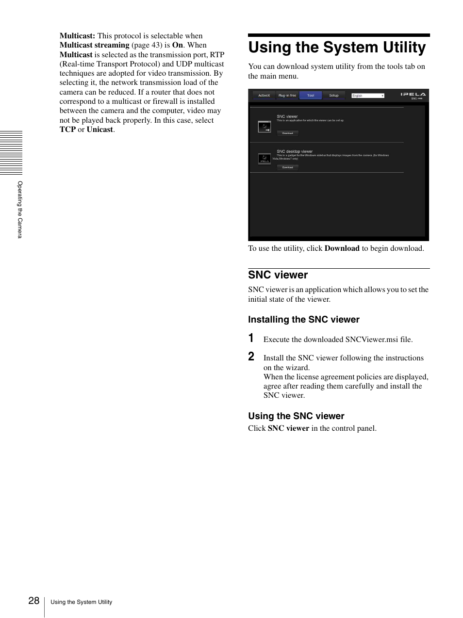Using the system utility, Snc viewer | Sony SNC-DH210T User Manual | Page 28 / 97