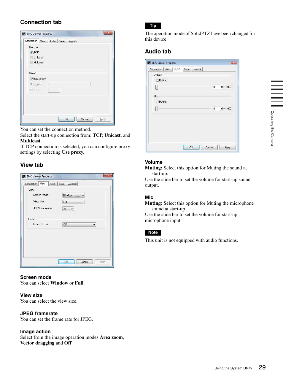 Connection tab, View tab, Audio tab | Sony SNC-DH210T User Manual | Page 29 / 97