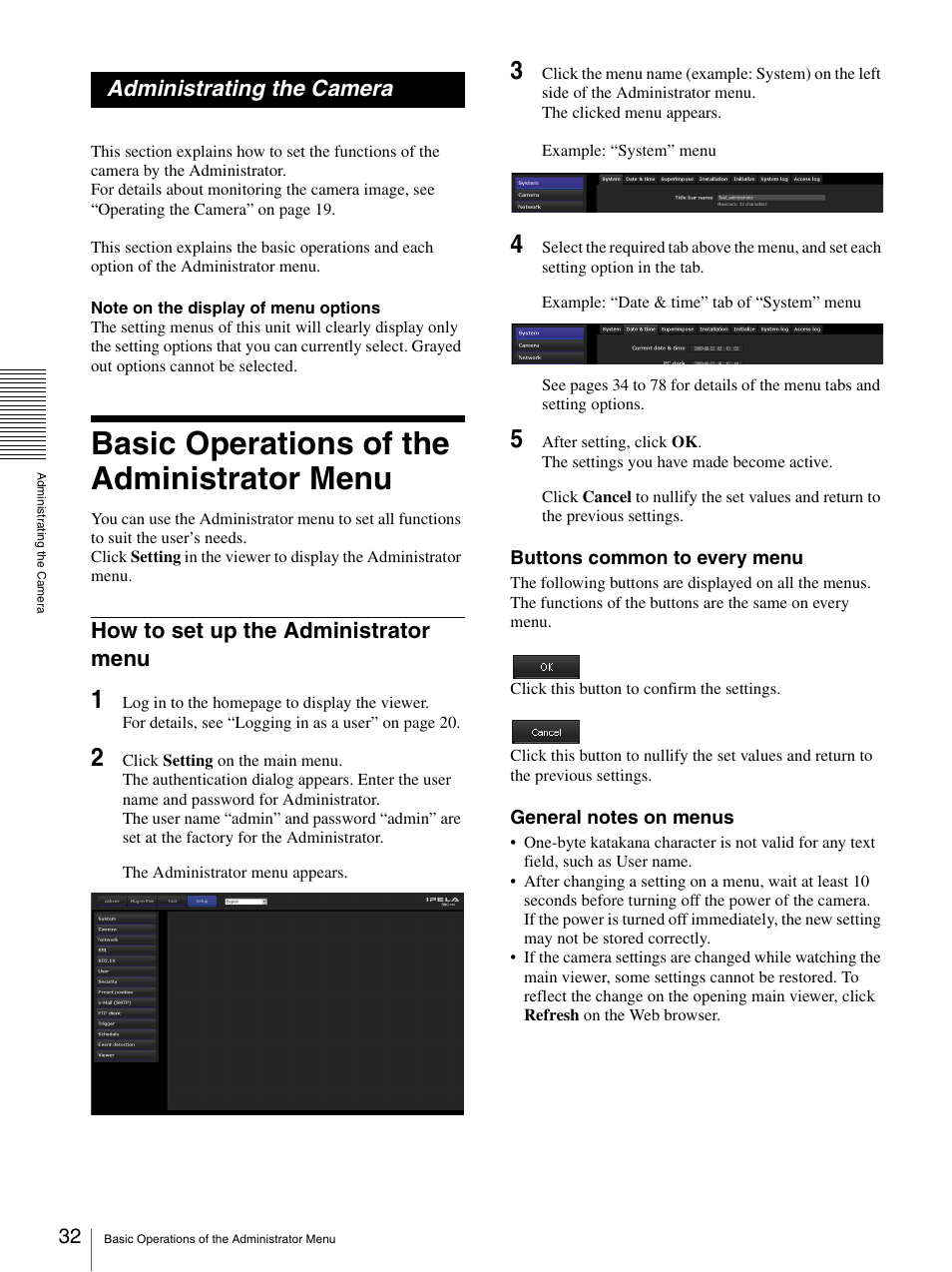 Administrating the camera, Basic operations of the administrator menu, How to set up the administrator menu | Sony SNC-DH210T User Manual | Page 32 / 97
