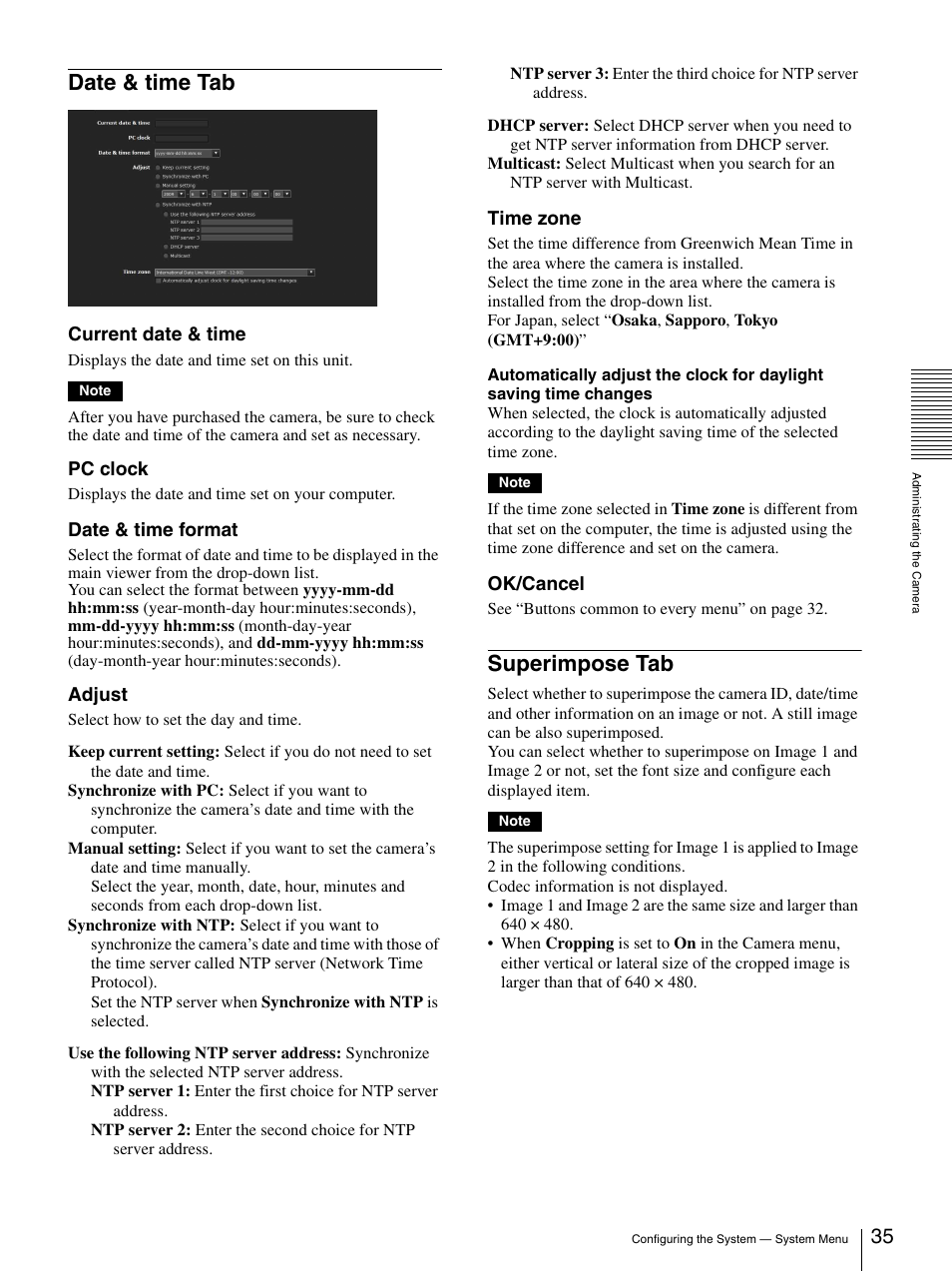 Date & time tab, Superimpose tab, Date & time tab superimpose tab | Sony SNC-DH210T User Manual | Page 35 / 97