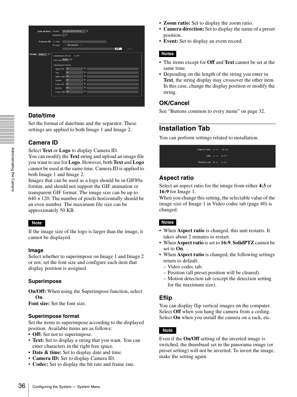 Installation tab, Date/time, Camera id | Ok/cancel, Aspect ratio, Eflip | Sony SNC-DH210T User Manual | Page 36 / 97