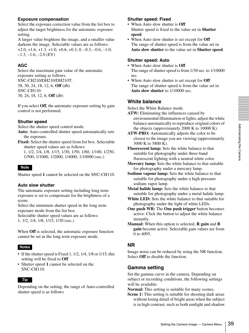 White balance, Gamma setting | Sony SNC-DH210T User Manual | Page 39 / 97