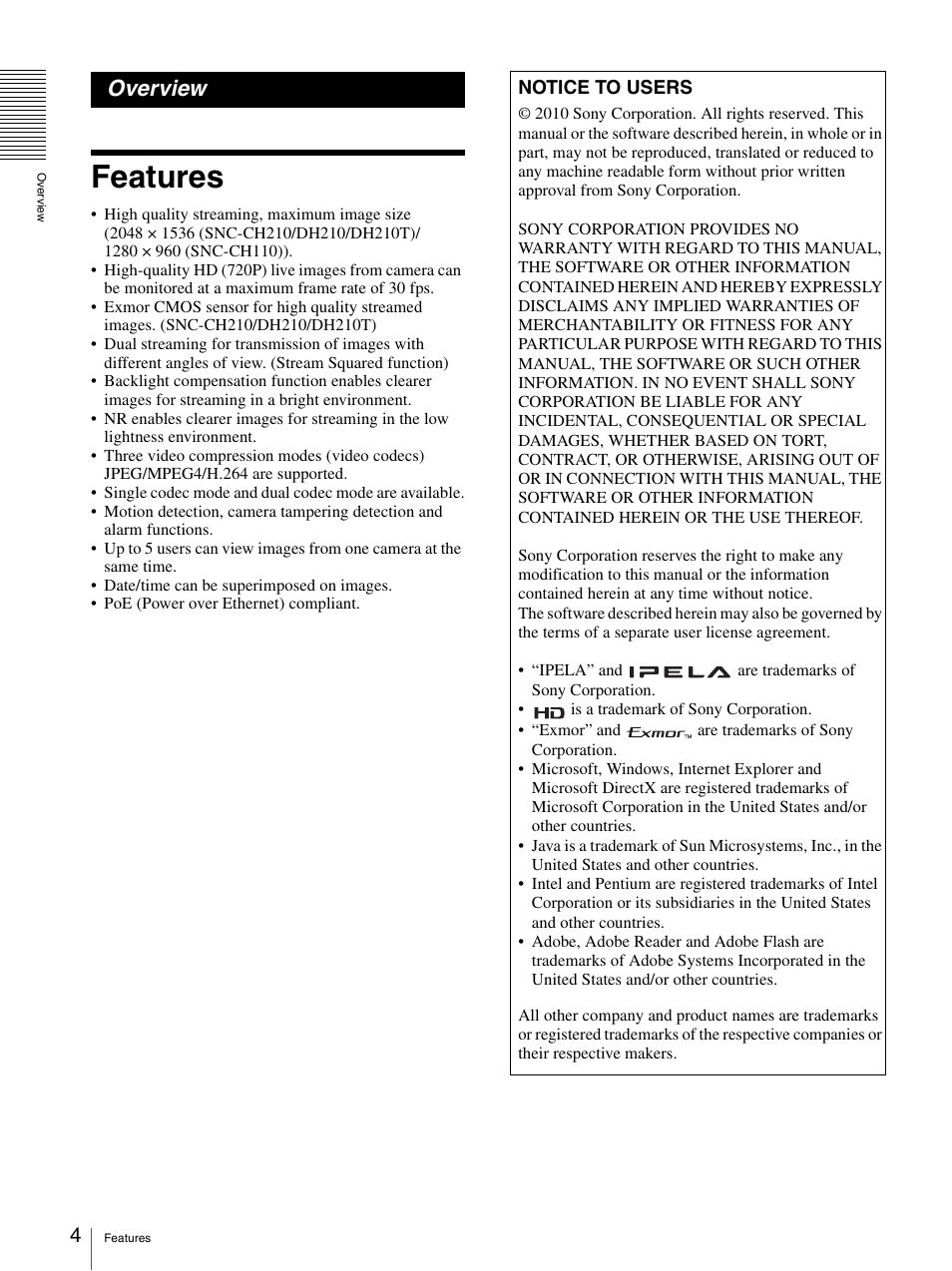 Overview, Features | Sony SNC-DH210T User Manual | Page 4 / 97