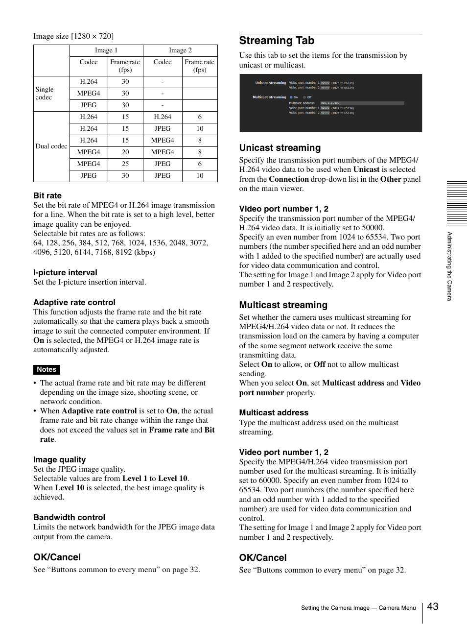 Streaming tab, Ok/cancel, Unicast streaming | Multicast streaming | Sony SNC-DH210T User Manual | Page 43 / 97