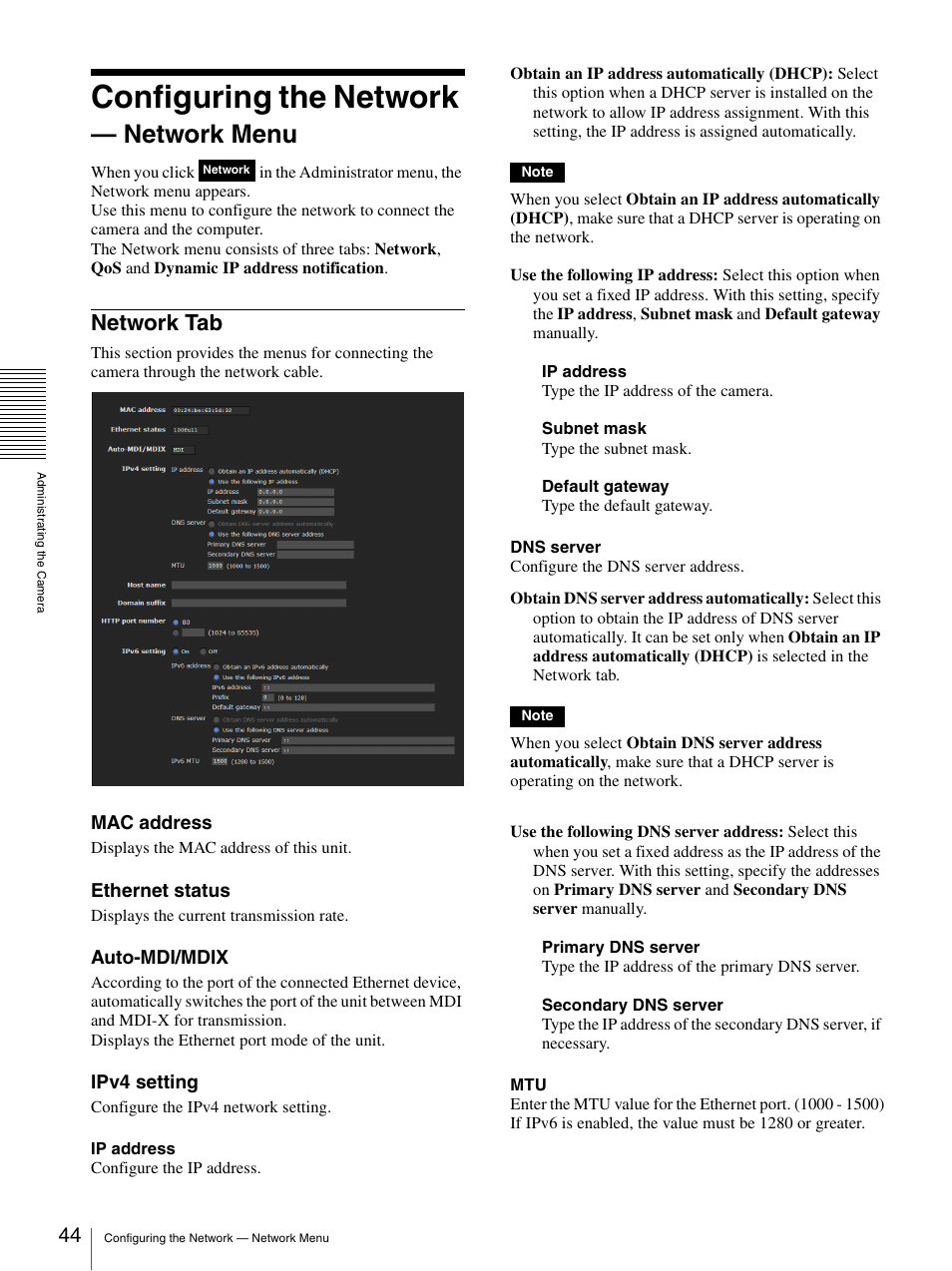 Configuring the network - network menu, Network tab, Configuring the network — network menu | Configuring the network, Network menu | Sony SNC-DH210T User Manual | Page 44 / 97