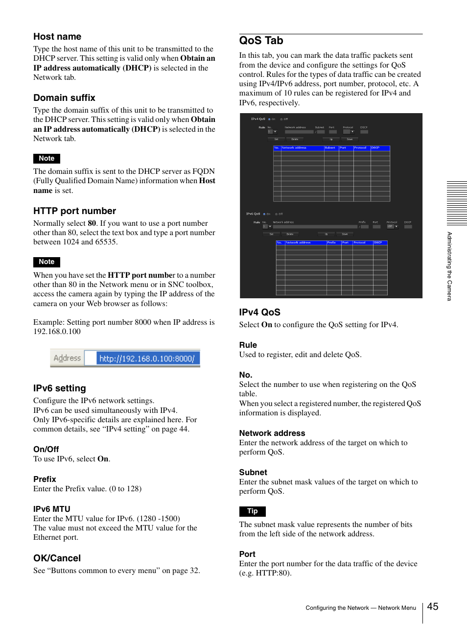 Qos tab, Host name, Domain suffix | Ipv6 setting, Ok/cancel, Ipv4 qos | Sony SNC-DH210T User Manual | Page 45 / 97