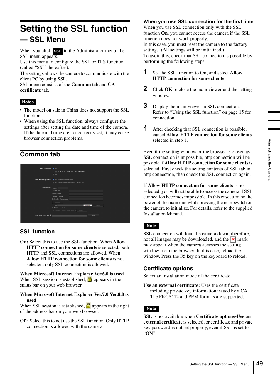 Setting the ssl function - ssl menu, Common tab, Setting the ssl function — ssl menu | Setting the ssl function, Ssl menu | Sony SNC-DH210T User Manual | Page 49 / 97