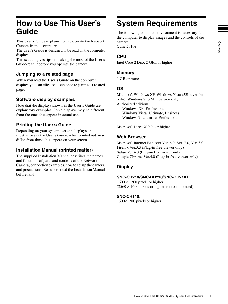 How to use this user’s guide, System requirements | Sony SNC-DH210T User Manual | Page 5 / 97