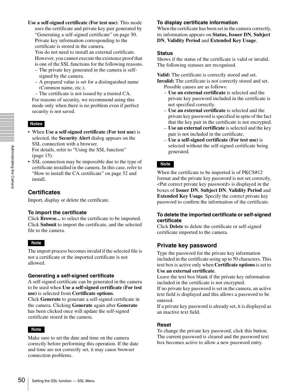 Certificates, Private key password | Sony SNC-DH210T User Manual | Page 50 / 97