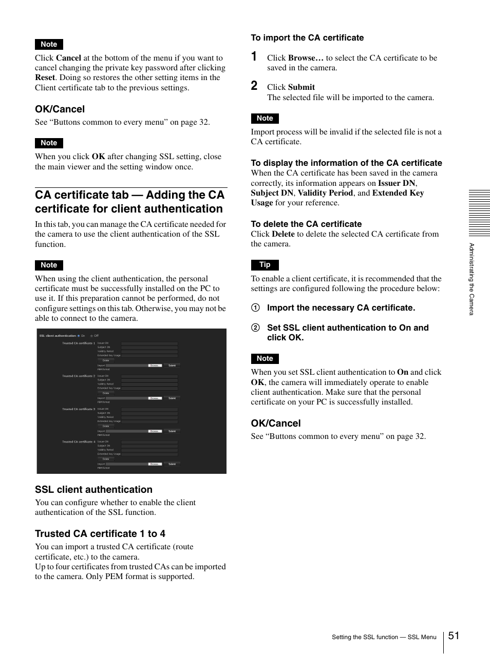 Ca certificate tab — adding the ca certificate, For client authentication, Ok/cancel | Ssl client authentication, Trusted ca certificate 1 to 4 | Sony SNC-DH210T User Manual | Page 51 / 97