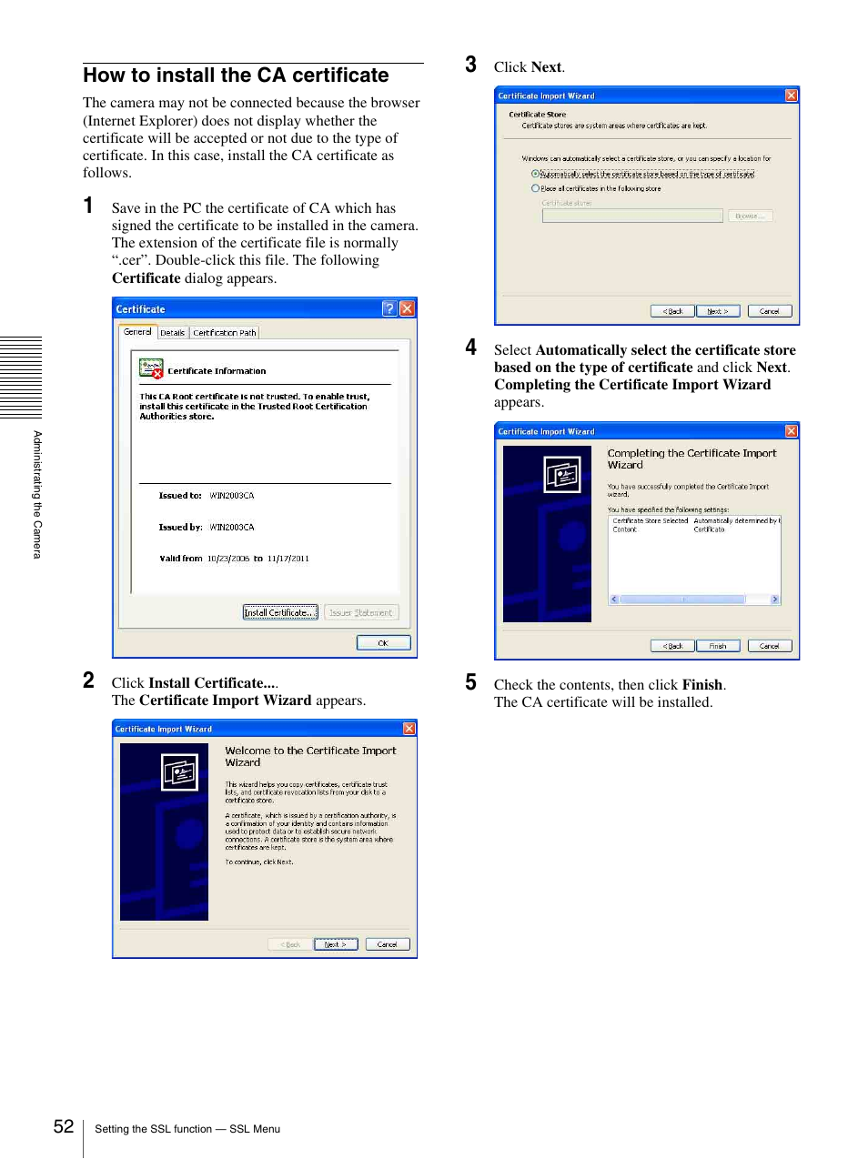 How to install the ca certificate | Sony SNC-DH210T User Manual | Page 52 / 97