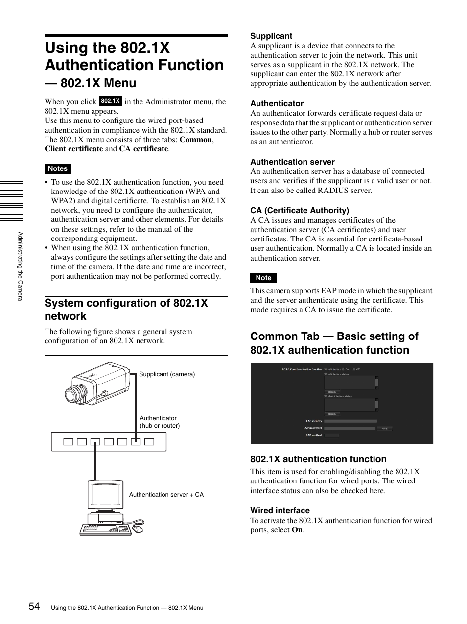 System configuration of 802.1x network, Authentication function, Using the 802.1x authentication function | 1x menu, 1x authentication function | Sony SNC-DH210T User Manual | Page 54 / 97