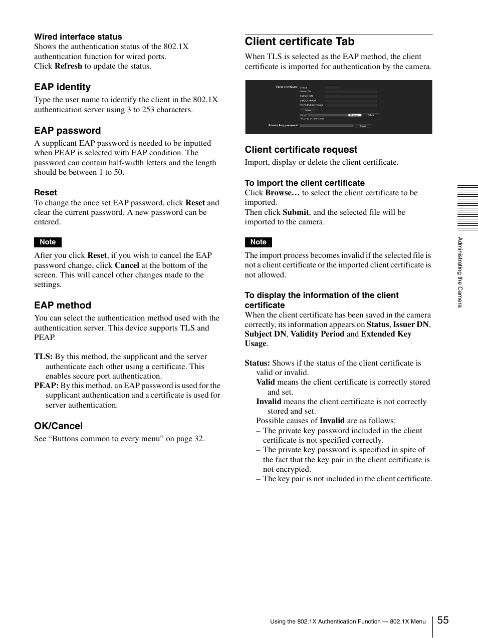 Client certificate tab, Eap identity, Eap password | Eap method, Ok/cancel, Client certificate request | Sony SNC-DH210T User Manual | Page 55 / 97