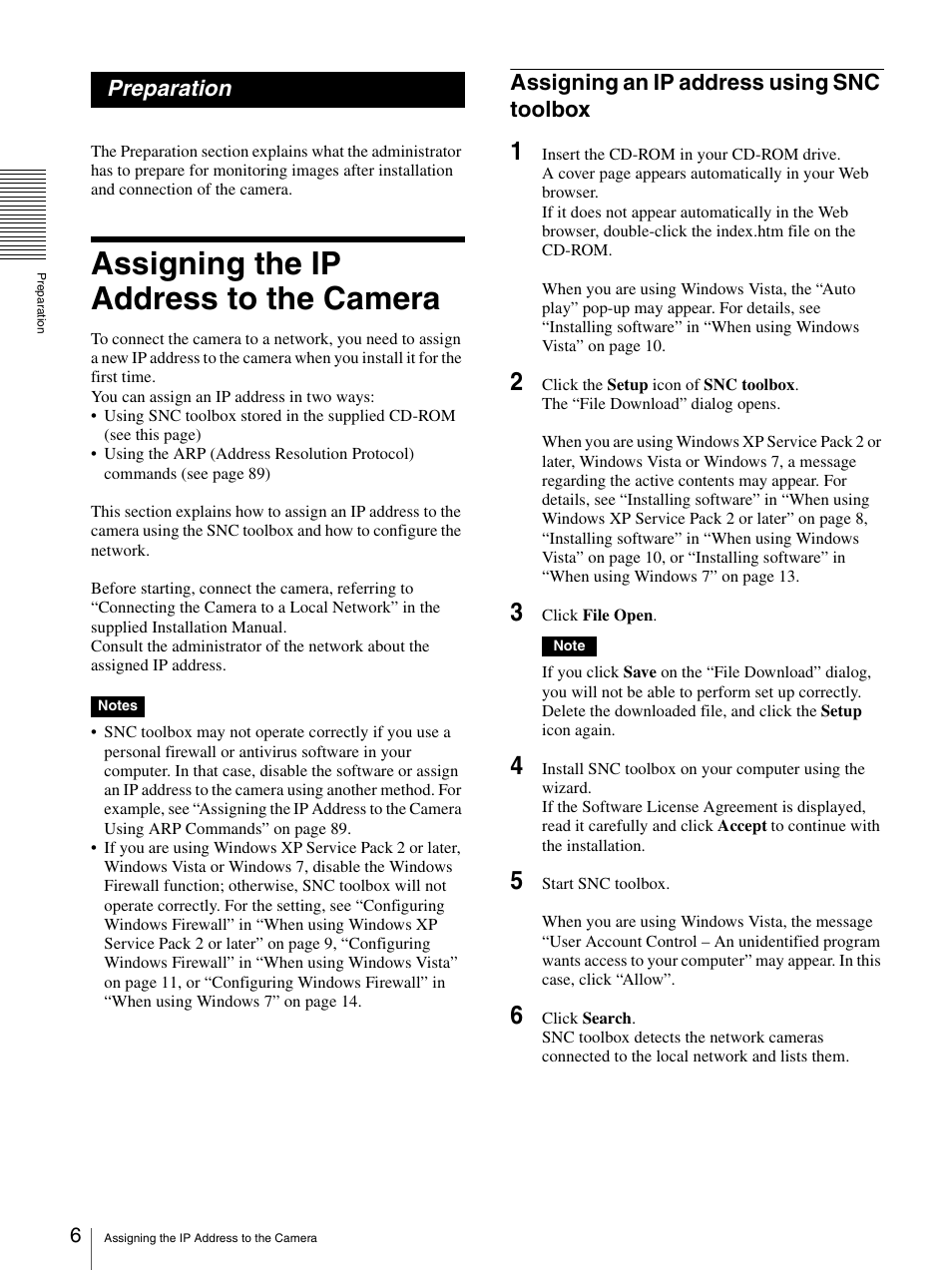 Preparation, Assigning the ip address to the camera, Assigning an ip address using snc toolbox | Sony SNC-DH210T User Manual | Page 6 / 97