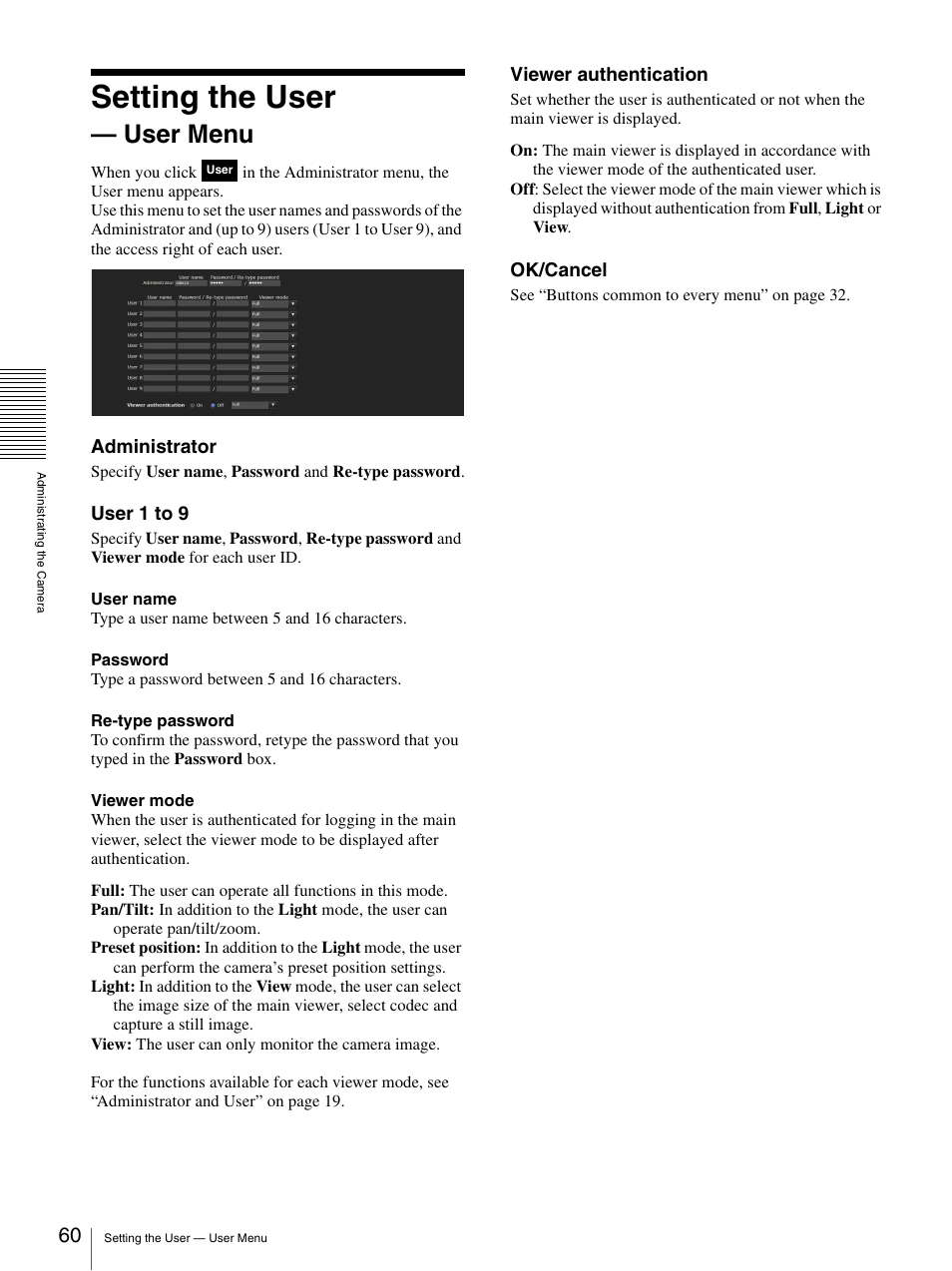 Setting the user - user menu, Setting the user — user menu, Setting the user | User menu | Sony SNC-DH210T User Manual | Page 60 / 97