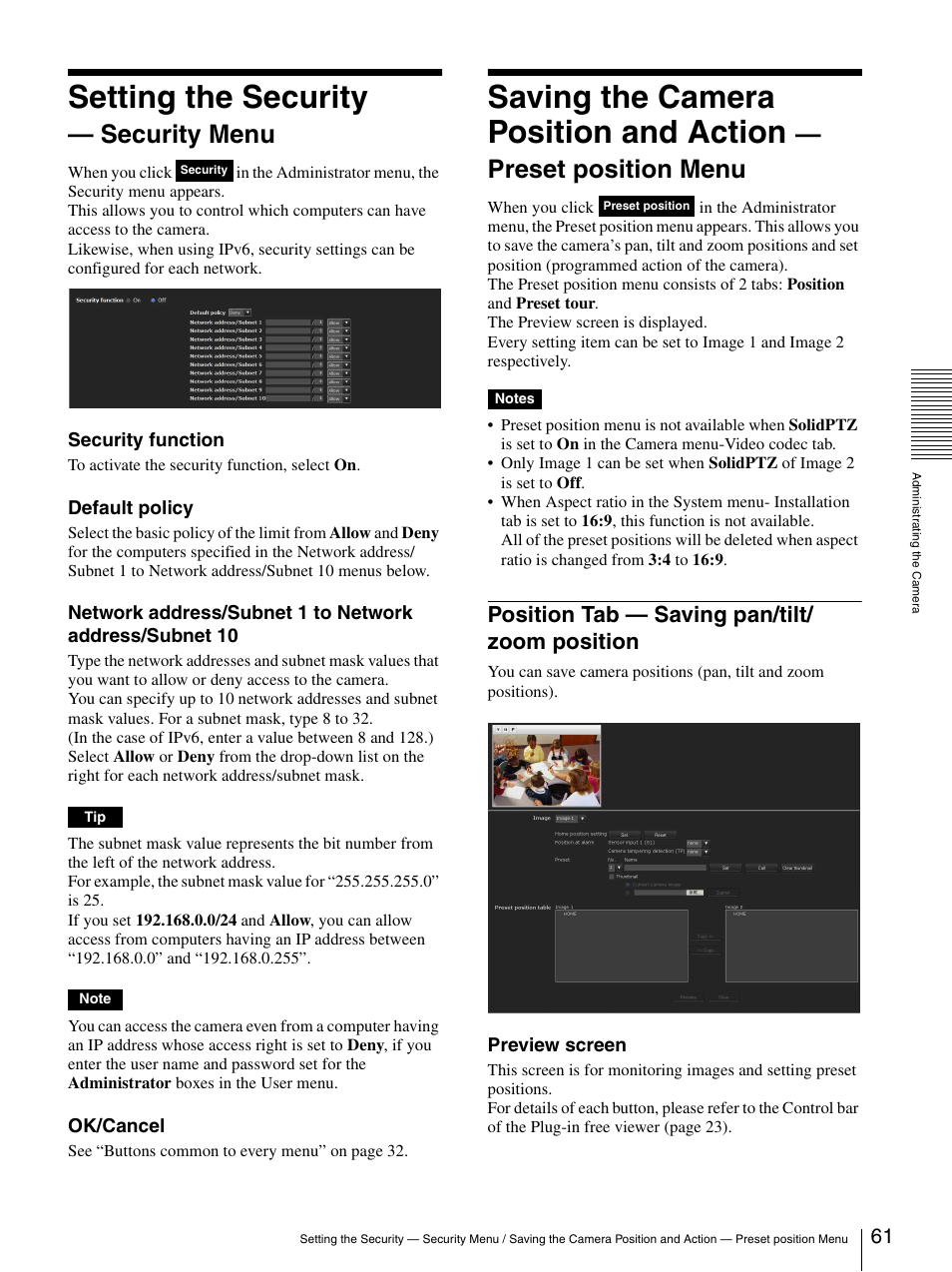 Setting the security - security menu, Position tab - saving pan/tilt/zoom position, Setting the security — security menu | Position tab — saving pan/tilt/zoom, Position, Setting the security, Saving the camera position and action, Security menu, Preset position menu, Position tab — saving pan/tilt/ zoom position | Sony SNC-DH210T User Manual | Page 61 / 97